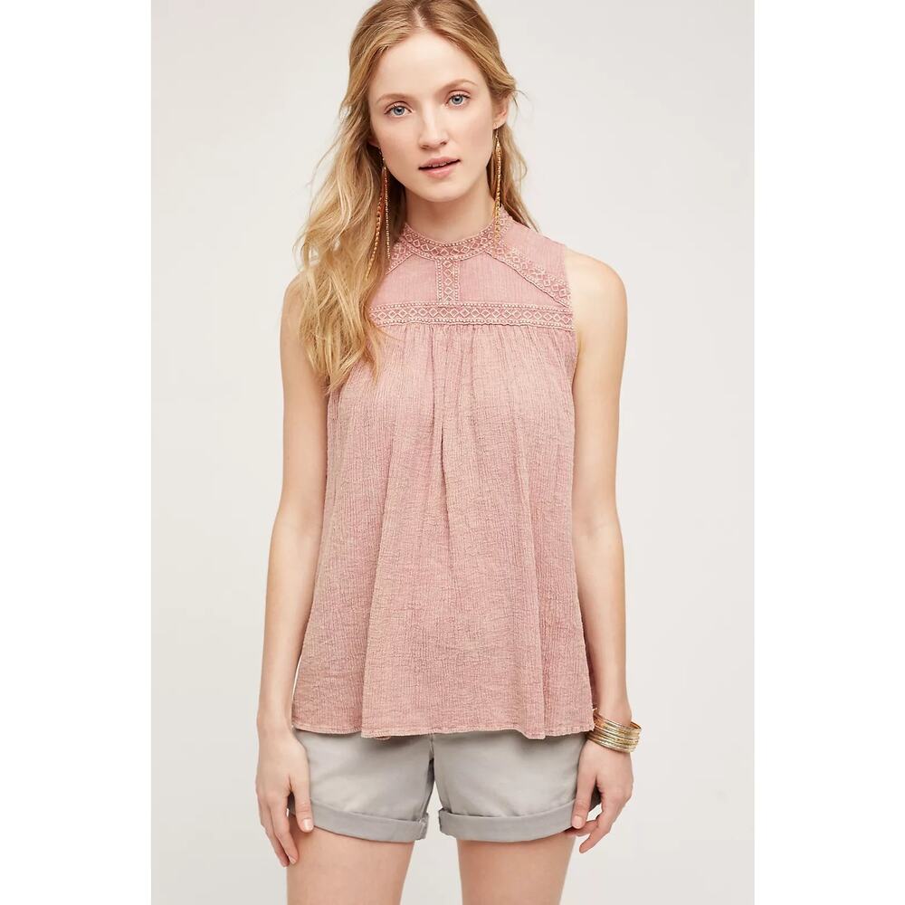 Anthropologie Eri + Ali Sweetbriar Blush Pink Embroidered Tunic Tank Blouse XL